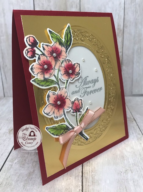 This is my Gold Faux Frame with my featured stamp set for the month of March 2020 "Forever Blossoms". Details are on my blog here: https://wp.me/p59VWq-aS3 . #stampinup #foreverblossoms #thestampcamp #wovenheirlooms