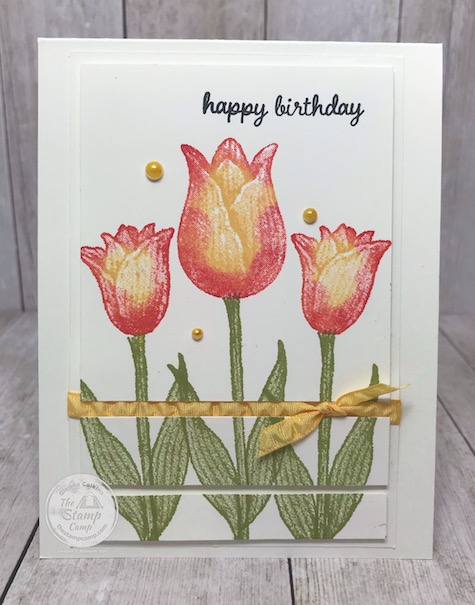 On this card I have a couple of different fun things. The first up is the two toned stamping with the Timeless Tulips stamp set and the next thing is the different technique used on this card. Details and video will be on my blog here: https://wp.me/p59VWq-bgV. #stampinup #funfold #thestampcamp #timelesstulips #twotoned
