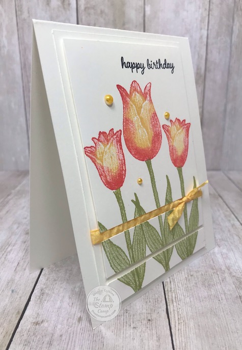 On this card I have a couple of different fun things. The first up is the two toned stamping with the Timeless Tulips stamp set and the next thing is the different technique used on this card. Details and video will be on my blog here: https://wp.me/p59VWq-bgV. #stampinup #funfold #thestampcamp #timelesstulips #twotoned