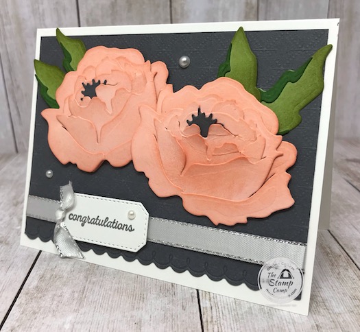 The Prized Peony Bundle from Stampin' Up! is so pretty and fun to work with. The dies are so easy to assemble and the Peony is almost 3D with all the layering. Add a little sponging to the flower before assembling and it comes together in a beautiful flower. Details are on my blog here: https://wp.me/p59VWq-bkB. #stampinup #thestampcamp #prizedpeony