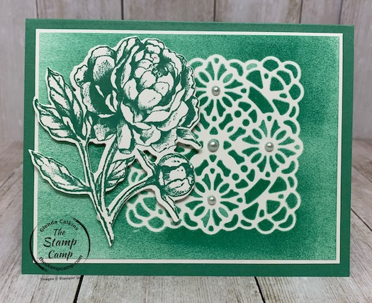 Have you tried using the Vellum Square Doilies as a stencil? If not you will want to give it a try; the results are spectacular. This was done live on Tuesday night on my Facebook page and YouTube Channel "The Stamp Camp"; if you missed it see my blog here for the video: https://wp.me/p59VWq-bn9. #stampinup #thestampcamp #glendasblog #stencil #vellum