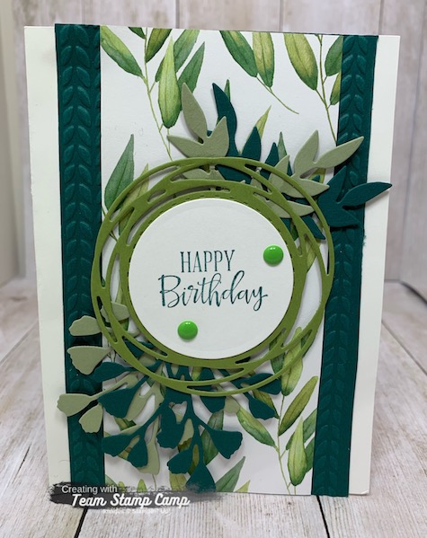 The Forever Greenery Suite is a very popular suite of products from Stampin' Ups! new annual catalog.  I love the rich green colors and this card brings them all out.  Details are on my blog here: https://wp.me/p59VWq-bnl. #stampinup #forevergreenery #thestampcamp 
