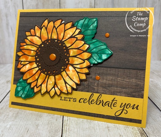 Bonus Card #4 for my featured stamp set for August the Celebrate Sunflowers Bundle. This card has a fun technique so you don't have to color in the images. Details are on my blog here: https://wp.me/p59VWq-bqI. #stampinup #thestampcamp #celebratesunflowers