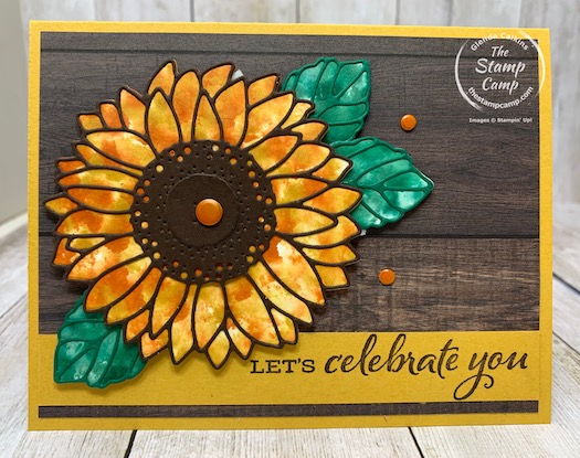 Bonus Card #4 for my featured stamp set for August the Celebrate Sunflowers Bundle. This card has a fun technique so you don't have to color in the images. Details are on my blog here: https://wp.me/p59VWq-bqI. #stampinup #thestampcamp #celebratesunflowers