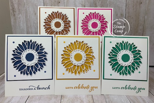 My featured stamp set for August is the Celebrate Sunflowers Bundle. These 5 cards are the In Colors for 2020 - 2022 and I created these for my In Color Club Members. Each month they receive 5 In Color Cards from me with a package of In Color Products. Details are on my blog here: https://wp.me/p59VWq-bpa. #stampinup #incolors #thestampcamp