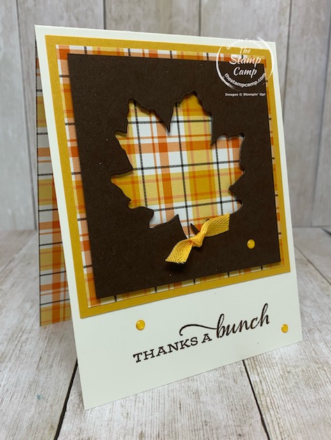 Here is the Peek-a-boo technique with the Gather Together Dies. The Plaid Tidings background is in the back and the oak leaf die is used for the Peek-a-boo technique. Details are on my blog here: https://wp.me/p59VWq-bpq. #stampinup #thestampcamp #gathertogether #dies #technique