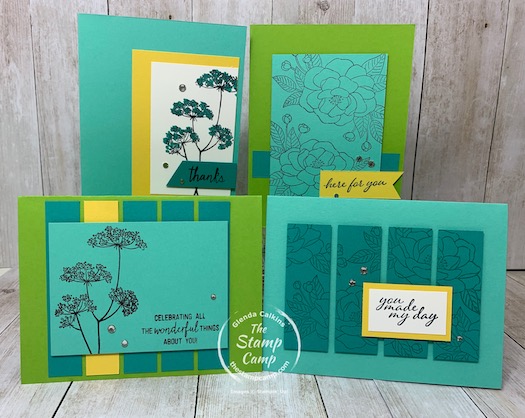 Would you like 2 FREE stamp sets? With your free stamp sets you will also get the cut card stock to create these 4 cards BUT 4 of each design for a total of 16 cards with envelopes. You will also get a package of Rhinestones, and a code for a Paper Pumpkin kit. Plus, choose $125 worth of Stampin' Up! products all for only $99.00! Details are on my blog here: https://wp.me/p59VWq-bsQ. #stampinup #thestampcamp #glendasblog #cardkit