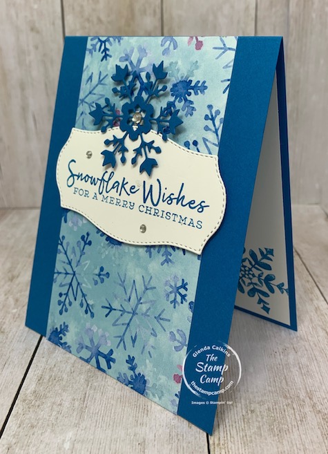 The Snowflake Splendor Designer Series Paper is beautiful on both sides so why not showcase both sides? Check out this card/gift card holder using the Snowflake Wishes Bundle and the Snowflake Splendor paper. Details are on my blog here: https://wp.me/p59VWq-brU. #stampinup #snowflake #thestampcamp #designerpaper