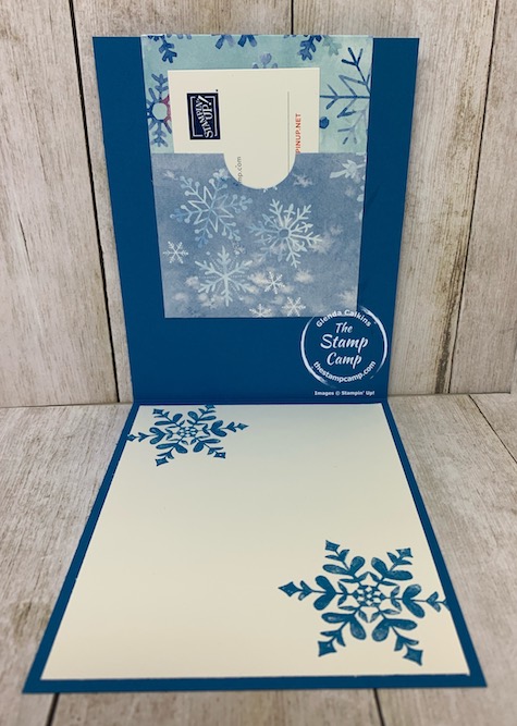 The Snowflake Splendor Designer Series Paper is beautiful on both sides so why not showcase both sides? Check out this card/gift card holder using the Snowflake Wishes Bundle and the Snowflake Splendor paper. Details are on my blog here: https://wp.me/p59VWq-brU. #stampinup #snowflake #thestampcamp #designerpaper