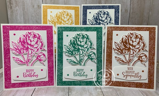 Have you seen the New 2020/2022 In Colors from Stampin' Up! yet? If not check these out! These cards are for my In Color Club Members and it features the Prized Peony Bundle. I love Monochromatic cards and this is a great way to showcase all the In Colors. Details are on my blog here: https://wp.me/p59VWq-bvY. #stampinup #thestampcamp #incolors #prizedpeony
