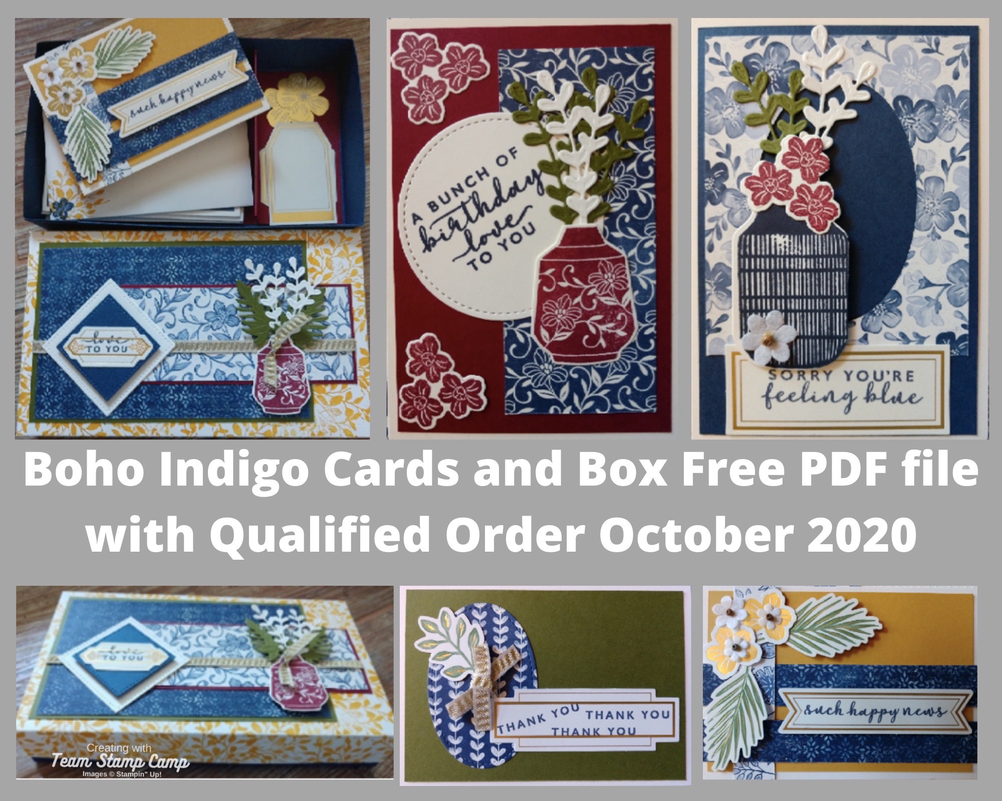 The Customer Appreciation PDF file for October is all about the Boho Indigo Products. This month you will be able to create a box with 4 coordinating cards and a spot for some tags. Details can be found on my blog here: https://wp.me/p59VWq-bv3. #stampinup #thestampcamp #designerpaper