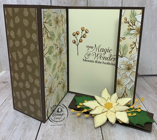 It's Fun Fold Friday and today I have a fun fold card for you using the Poinsettia Place Designer Series Paper. This fun fold is a great way to showcase both sides of the Designer Series Paper. Details can be found on my blog here: https://wp.me/p59VWq-by0 #stampinup #thestampcamp #funfold #poinsettia