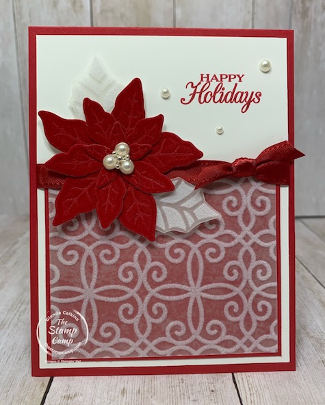 Another Poinsettia Petals card this time for a sketch challenge. I'm loving the Red Velvet for these Poinsettias and the flocking vellum is beautiful with it as well. Details can be found on my blog here: https://wp.me/p59VWq-bya. #stampinup #poinsettia #thestampcamp #christmascard