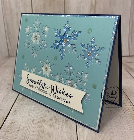 The Snowflake Wishes Bundle is my featured stamp set for October and this was actually laying in my trash remnants from another card; well as I saw it laying in the trash I thought hmmm that would look pretty cool on a card front actually. Details can be found on my blog here: https://wp.me/p59VWq-bxJ. #stampinup #snowflakewishes #thestampcamp #christmas