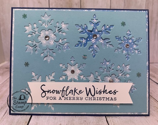The Snowflake Wishes Bundle is my featured stamp set for October and this was actually laying in my trash remnants from another card; well as I saw it laying in the trash I thought hmmm that would look pretty cool on a card front actually. Details can be found on my blog here: https://wp.me/p59VWq-bxJ. #stampinup #snowflakewishes #thestampcamp #christmas