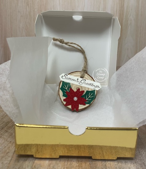 I love the Poinsettia Petals Bundle with the Red Velvet Paper oh so pretty! Pair it with the Gold Boxes and Oh My Gosh what a beautiful gift box. Inside is a handmade ornament using the Poinsettia Petals and some wood ornaments I found on Amazon. #thestampcamp #stampinup #christmasornament #ornament