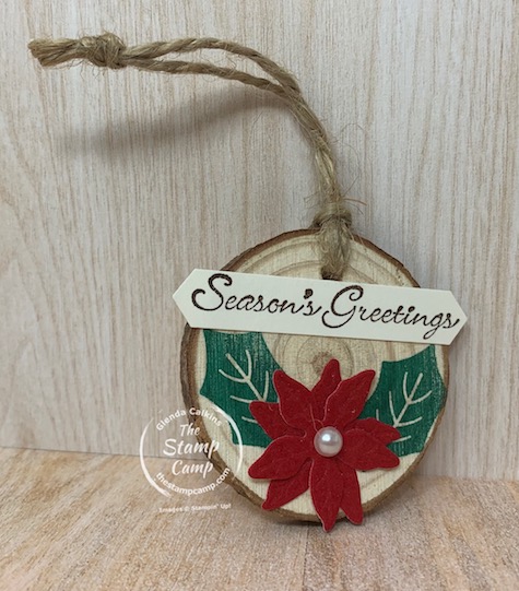 I love the Poinsettia Petals Bundle with the Red Velvet Paper oh so pretty! Pair it with the Gold Boxes and Oh My Gosh what a beautiful gift box. Inside is a handmade ornament using the Poinsettia Petals and some wood ornaments I found on Amazon. #thestampcamp #stampinup #christmasornament #ornament