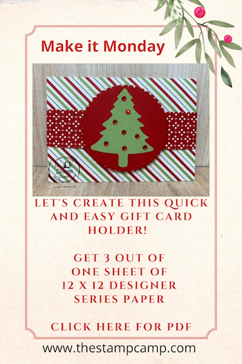 Need a quick and easy gift card holder? Look no further than this gift card holder. You will get 3 gift card holders out of 1 sheet of 12 x 12 designer paper. Perfect for Christmas or any other occasion. #thestampcamp #stampinup #giftcardholder
