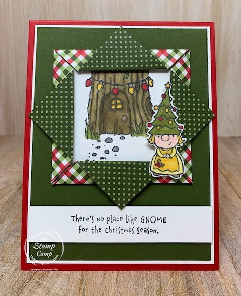 The Stampin' Up! Gnome for the Holiday's Stamp Set is perfect for this Fun Fold Friday Card. This is a Folded Paper Frame Technique. An oldie but a super sweet technique and card. #thestampcamp #stampinup #funfold