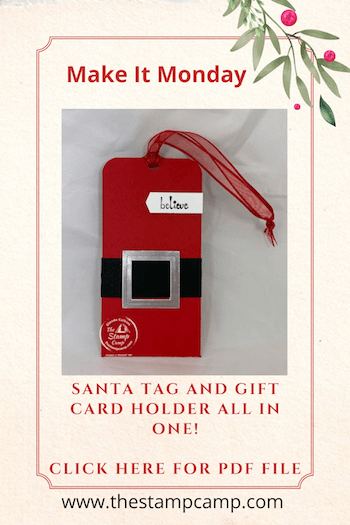 This Santa Tag and Gift Card Holder all in one are super simple to make and look great hanging on your tree or on top of your gifts. Decorate it up however you like. The Itty Bitty Christmas stamp set provides the perfect sentiments for your tags. #stampinup #thestampcamp #gifttag #giftcardholder