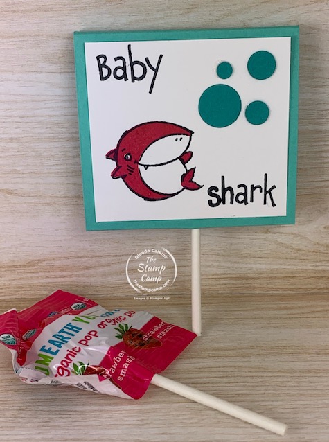 Are you looking for a quick and easy Valentine's Day project that the kids can help you with? Look no further than these super quick and easy Baby Shark Sucker Holder. #thestampcamp #stampinup #babyshark #treatholder