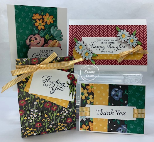 With this FREE pack of Flower & Field Designer Series Paper you can create these fun projects; with minimal supplies. With a min. $50.00 (before shipping and tax) order you can choose the Flower & Field Designer Series Paper for FREE #155223. Order these supplies and get the paper for free: Happy Thoughts Stamp Set, Basic White Assorted Memories & More Cards and Envelopes, Bumblebee Gingham Ribbon, Label Me Fancy punch and the Memento Black ink pad. #thestampcamp #stampinup #saleabration