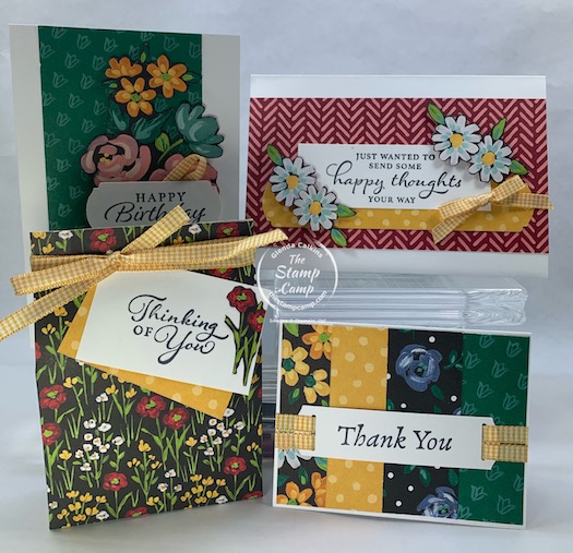 With this FREE pack of Flower & Field Designer Series Paper you can create these fun projects; with minimal supplies. With a min. $50.00 (before shipping and tax) order you can choose the Flower & Field Designer Series Paper for FREE #155223. Order these supplies and get the paper for free: Happy Thoughts Stamp Set, Basic White Assorted Memories & More Cards and Envelopes, Bumblebee Gingham Ribbon, Label Me Fancy punch and the Memento Black ink pad. #thestampcamp #stampinup #saleabration