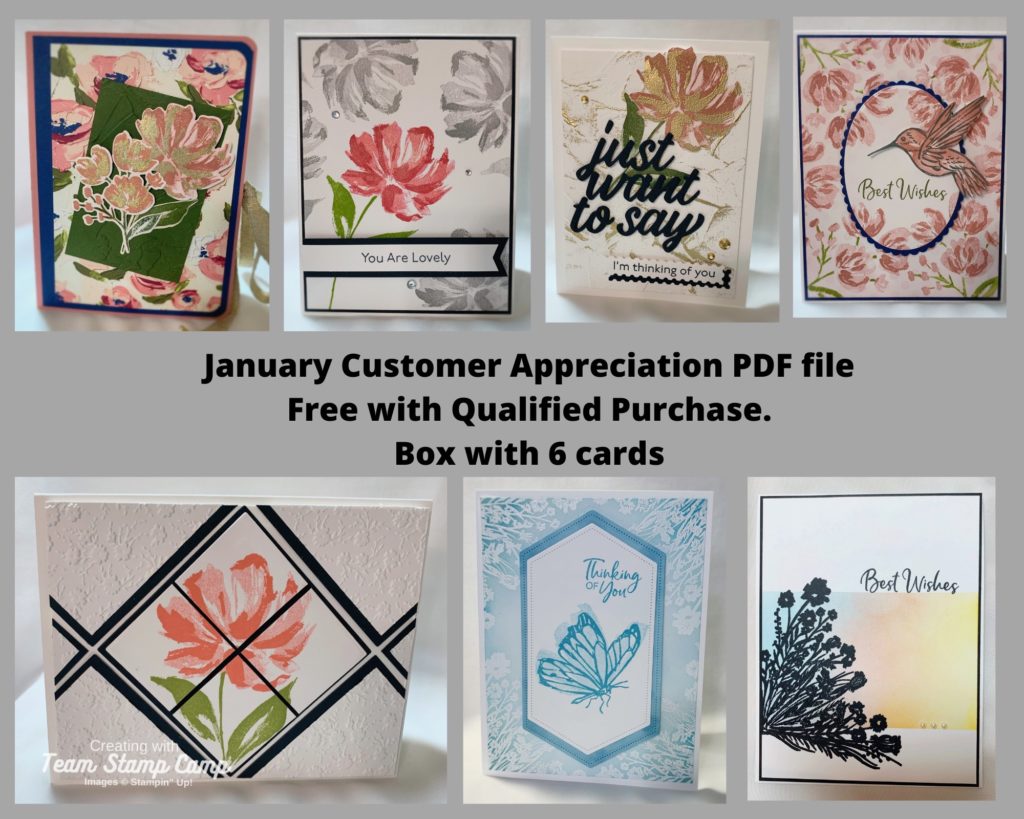 The theme for the January Customer Appreciation PDF file this month is Flower Inspiration. The Designer created a box with 6 gorgeous cards using products from the New Mini Catalog as well as Sale-a-bration. Enjoy! #thestampcamp #stampinup #cardbox