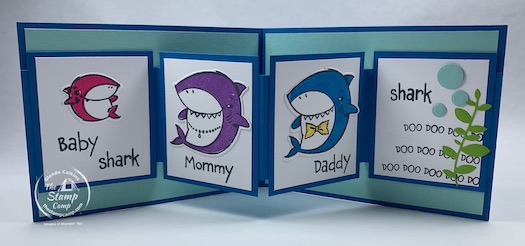 Shark Frenzy is the stamp set I'm using for this week's Fun Fold Friday card. It is called a W Fold as the inside pops out like a W when it is opened up. I can't get enough of this Baby Shark stamp set; so fun. #thestampcamp #funfoldfriday #stampinup #babyshark
