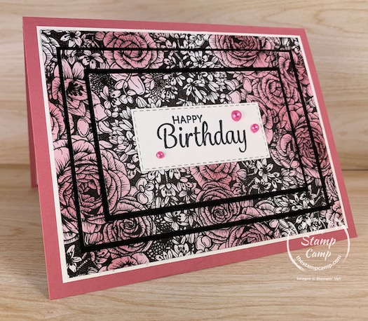 The new True Love Designer Series Paper is great to use with so many different techniques. It can be used as is or add a pop of color using the new Blending Brushes. This is the Triple Time Technique with Designer Paper. #stampinup #thestampcamp #glendasblog #tripletime