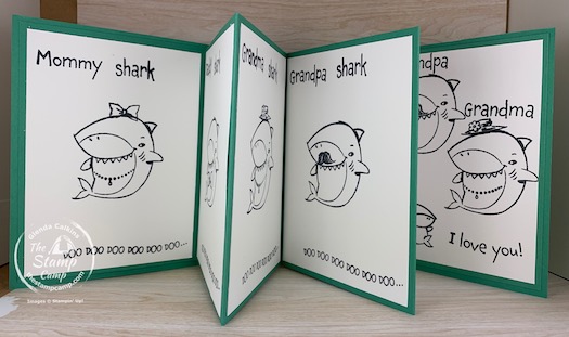 Make It Monday Accordion Baby Shark Coloring Book! A great handmade gift for Valentine's Day, Birthday's etc. The kids will love to color all the shark pages and the best part is the crayons are attached to the front. #thestampcamp #stampinup #babyshark #diy