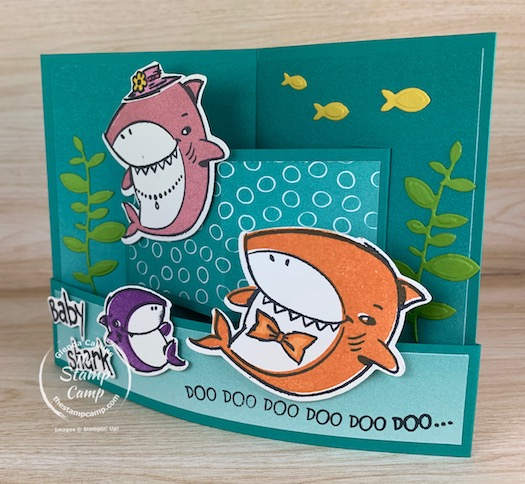 Another Shark Frenzy card to share with you! This is a Mini Bendi card a new and different fun fold for me; give it a try it is fun! The Shark Frenzy Bundle is from Stampin' Up! #thestampcamp #stampinup #babyshark #sharkfrenzy