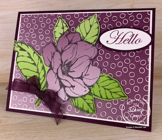 I did a bit of paper piecing on this card because I wanted to use the Oh So Ombre Designer Series Paper with the big flower from the Good Morning Magnolia stamp set. I thought it would have more of an ombre look to it but I still think it turned out quite pretty. #thestampcamp #stampinup #ombre #saleabration