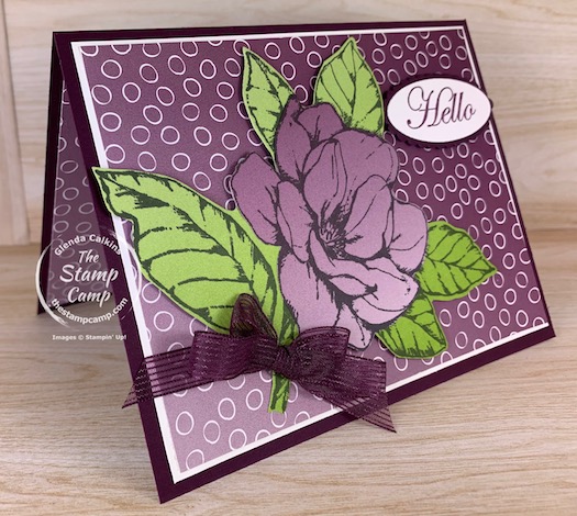 I did a bit of paper piecing on this card because I wanted to use the Oh So Ombre Designer Series Paper with the big flower from the Good Morning Magnolia stamp set. I thought it would have more of an ombre look to it but I still think it turned out quite pretty. #thestampcamp #stampinup #ombre #saleabration