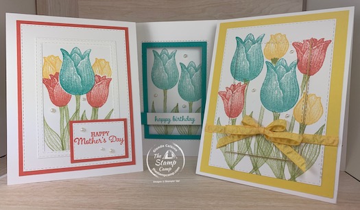 The featured stamp set for this month's Stamp Camp At Home Card Club is the Timeless Tulips and the Stitched Rectangles dies. I have created different techniques and a fun fold using the Timeless Tulips and Stitched Rectangle dies. #thestampcamp #stampinup #timelesstulips