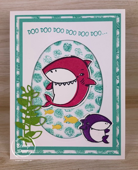 Have you ever tried the Bubble Wrap Background technique? This is the perfect technique to do with the Shark Frenzy stamp set from Stampin' Up! #thestampcamp #stampinup #babyshark