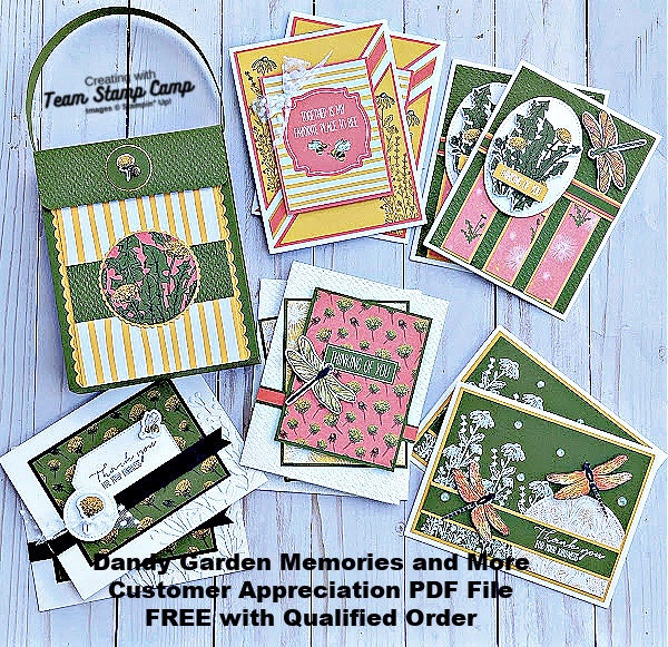 The April Customer Appreciation PDF file features the Dandy Garden Memory and More Card Pack. You will create a beautiful purse with coordinating cards. A great gift for anyone. #thestampcamp #stampinup #handmadegift