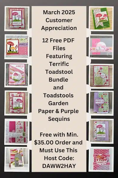 The Stamp Camp customer appreciation for March 2025 features the Toadstool Garden paper and features 12 pdf files with a min. $35.00 order. #thestampcamp